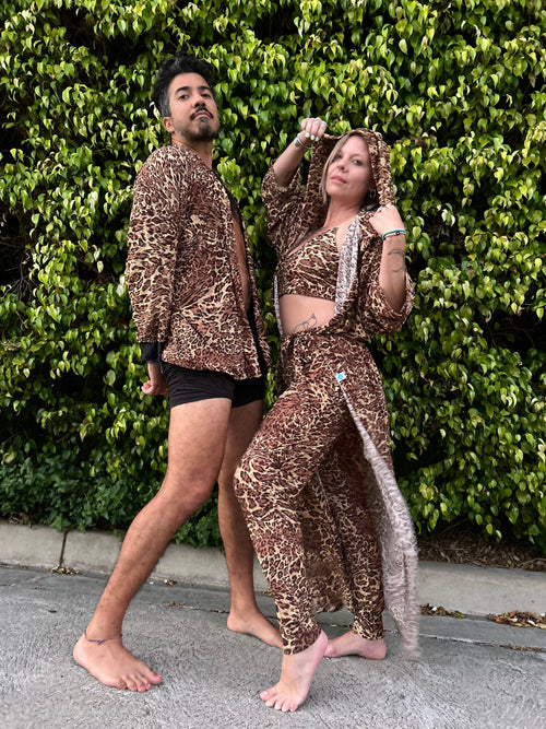 Outfit, fashion, festival fashion, matching set, top, designer clothing, fashion trends, leopard robe, robe pant set, pajama set, comfy lounge set, joggers, leopard joggers, cheetah joggers