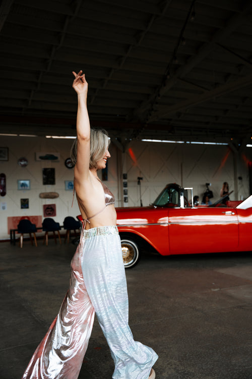 festival clothing, festival outfit, wide leg pants, comfy pants, upcycled outfit, rave wear, resort wear, sparkly pants, sparkly top, triangle top, bikini top, festival top