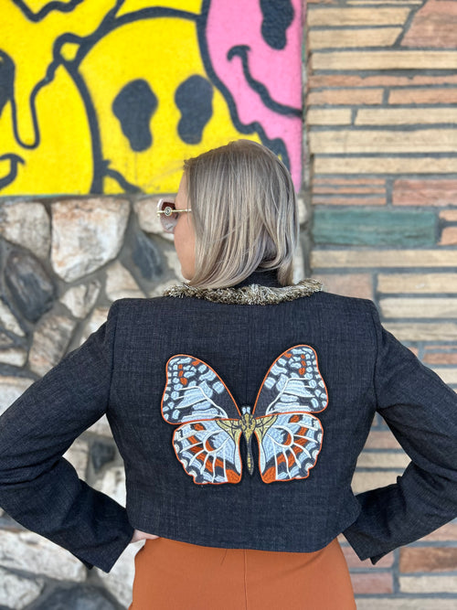 Upcycled Cropped Blazer with Fringe and Moth Patch