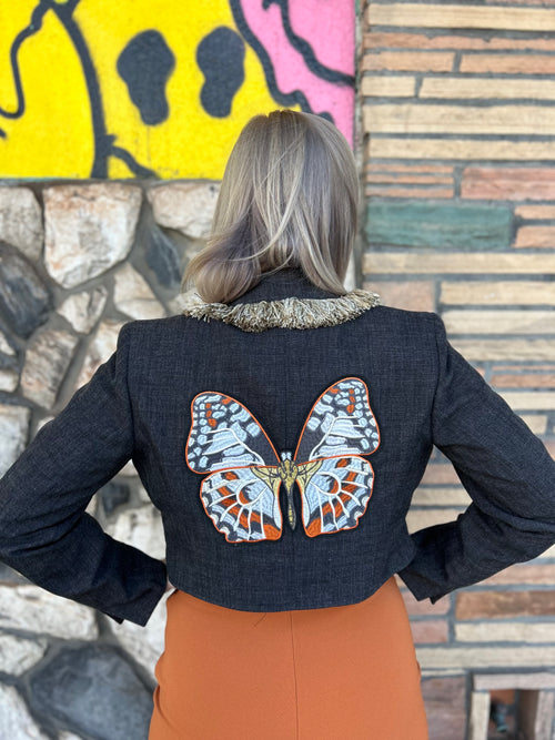Upcycled Cropped Blazer with Fringe and Moth Patch