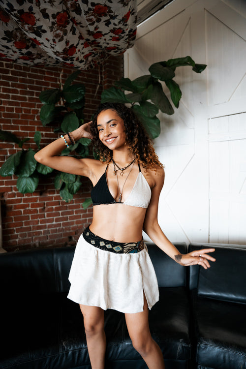 festival clothing, festival outfit, wide leg pants, comfy pants, upcycled outfit, rave wear, resort wear, sparkly pants, sparkly top, triangle top, bikini top, festival top