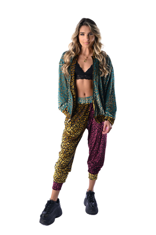 fashion, outfits, festival fashion, jacket pant set, unisex clothing, reversible jacket,  matching set, joggers, designer clothing, animal print jacket, animal print pants, cheetah pants, festival outfit, festival wear, rave wear, festival clothing