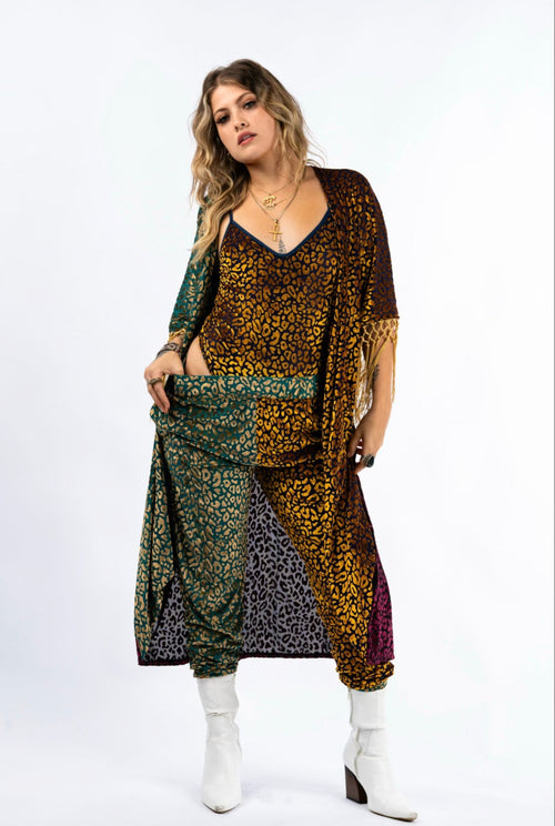 Animalia Robe, Duster, Kimono, festival kimono, festival robe, leopard print kimono, leopard print robe, reversible robe, velvet robe, velvet kimono, burnout velvet robe, burnout velvet duster
