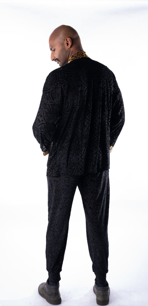 fashion, outfits, festival fashion, jacket pant set, unisex clothing, reversible jacket,  matching set, joggers, designer clothing, festival outfit, festival wear, rave wear, festival clothing, festival kimono, festival robe, resort wear, lounge wear, animal print jacket, animal print pants, festival shirt, black velvet shirt, velvet set, black velvet pants, velvet joggers
