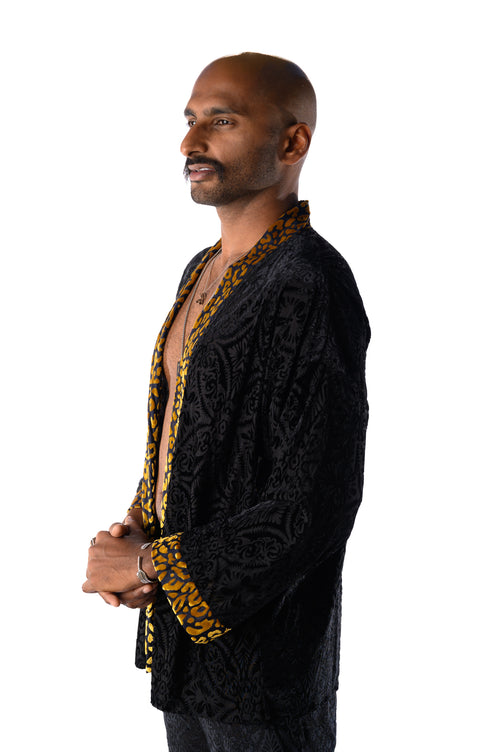 fashion, outfits, festival fashion, jacket pant set, unisex clothing, reversible jacket,  matching set, joggers, designer clothing, festival outfit, festival wear, rave wear, festival clothing, festival kimono, festival robe, resort wear, lounge wear, animal print jacket, animal print pants, black shirt, sexy black shirt, long sleeve black shirt, festival shirt