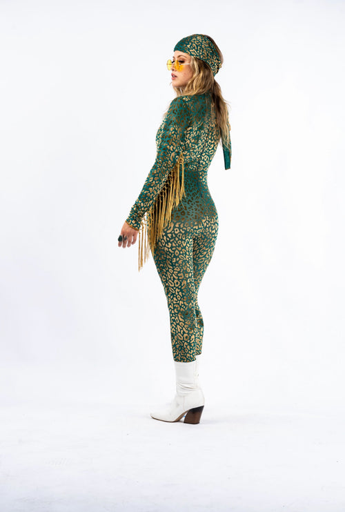Outfit, fashion, festival fashion, matching set, top, designer clothing, fashion trends, bodysuit, robe, cheetah print robe, cheetah print bodysuit, gold robe