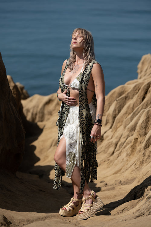 festival outfit, festival clothing, festival kimono, resort wear, animal print outfit, matching animal print set, tiger print kimono, tiger print robe, animal print robe, animal print pants, festival robe, festival wear, flowy pants, animal print kimono, tiger print pants, flowy kimono, yacht wear, cream outfit, cream, pants, nude pants, upcycled top, upcycled clothing, handmade clothing, slow fashion brand, upcycled dress, festival dress, festival fashion, upcycled top, festival top, flower top