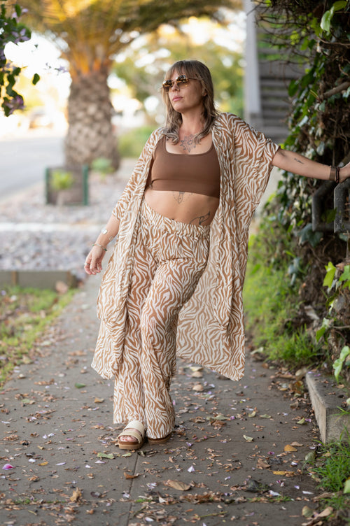 festival outfit, festival clothing, festival kimono, resort wear, animal print outfit, matching animal print set, tiger print kimono, tiger print robe, animal print robe, animal print pants, festival robe, festival wear, flowy pants, animal print kimono, tiger print pants, flowy kimono, yacht wear, cream outfit, cream, pants, nude pants, 