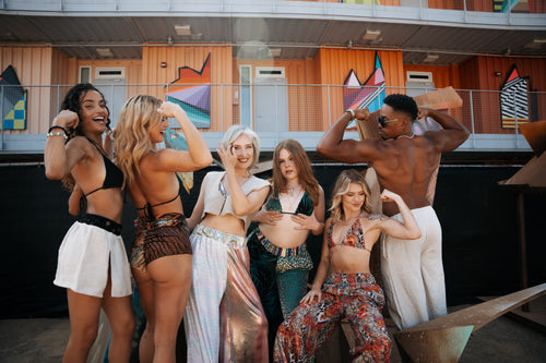 festival clothing, festival outfit, wide leg pants, comfy pants, upcycled outfit, rave wear, resort wear, sparkly pants, sparkly top, triangle top, bikini top, festival top