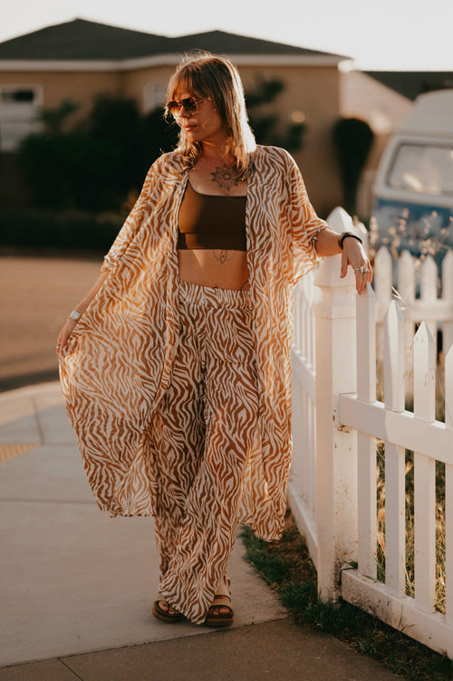 festival outfit, festival clothing, festival kimono, resort wear, animal print outfit, matching animal print set, tiger print kimono, tiger print robe, animal print robe, animal print pants, festival robe, festival wear, flowy pants, animal print kimono, tiger print pants, flowy kimono, yacht wear, cream outfit, cream, pants, nude pants, 
