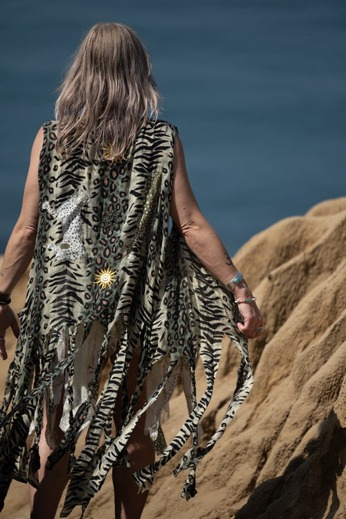 festival outfit, festival clothing, festival kimono, resort wear, animal print outfit, matching animal print set, tiger print kimono, tiger print robe, animal print robe, animal print pants, festival robe, festival wear, flowy pants, animal print kimono, tiger print pants, flowy kimono, yacht wear, cream outfit, cream, pants, nude pants, upcycled top, upcycled clothing, handmade clothing, slow fashion brand, upcycled dress, festival dress, festival fashion, upcycled top, festival top, flower top