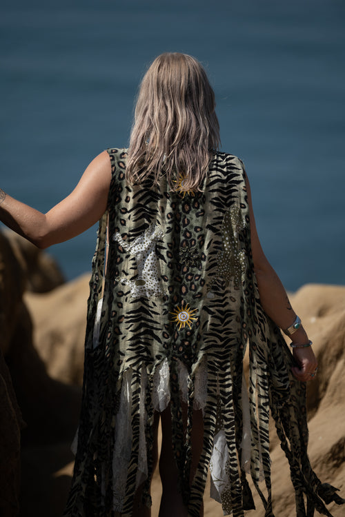 festival outfit, festival clothing, festival kimono, resort wear, animal print outfit, matching animal print set, tiger print kimono, tiger print robe, animal print robe, animal print pants, festival robe, festival wear, flowy pants, animal print kimono, tiger print pants, flowy kimono, yacht wear, cream outfit, cream, pants, nude pants, upcycled top, upcycled clothing, handmade clothing, slow fashion brand, upcycled dress, festival dress, festival fashion, upcycled top, festival top, flower top