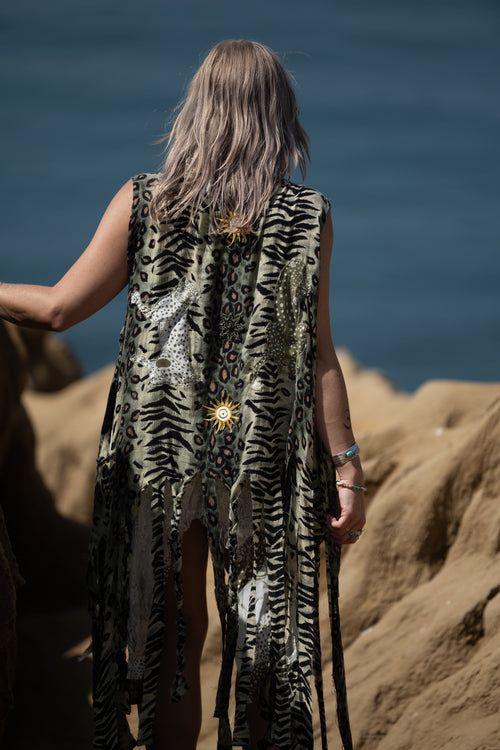 festival outfit, festival clothing, festival kimono, resort wear, animal print outfit, matching animal print set, tiger print kimono, tiger print robe, animal print robe, animal print pants, festival robe, festival wear, flowy pants, animal print kimono, tiger print pants, flowy kimono, yacht wear, cream outfit, cream, pants, nude pants, upcycled top, upcycled clothing, handmade clothing, slow fashion brand, upcycled dress, festival dress, festival fashion, upcycled top, festival top, flower top