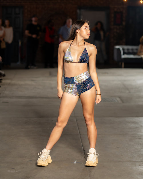 festival clothing, festival outfit, wide leg pants, comfy pants, upcycled outfit, rave wear, resort wear, sparkly pants, sparkly top, triangle top, bikini top, festival top