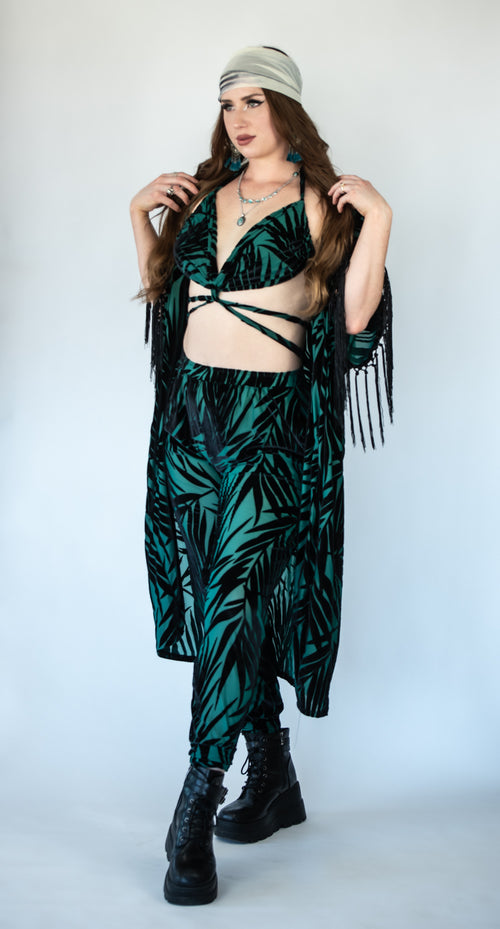 Fashion, fashion outfits, festival fashion, matching set, jogger kimono set, kimono, green kimono, emerald kimono, leaf print joggers, festival joggers, designer, designer brand, handmade, fashion, outfits, festival fashion, jacket pant set, unisex clothing, reversible jacket,  matching set, joggers, designer clothing, festival outfit, festival wear, rave wear, festival clothing, festival kimono, festival robe, resort wear, lounge wear, animal print jacket, animal print pants