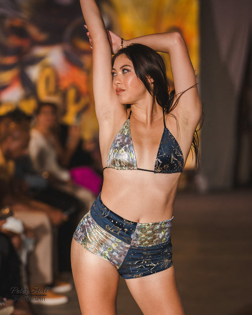 festival clothing, festival outfit, wide leg pants, comfy pants, upcycled outfit, rave wear, resort wear, sparkly pants, sparkly top, triangle top, bikini top, festival top