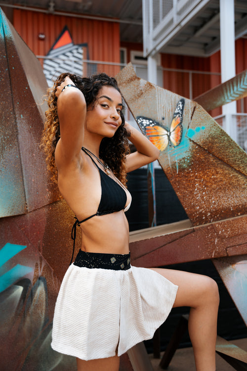 festival clothing, festival outfit, wide leg pants, comfy pants, upcycled outfit, rave wear, resort wear, sparkly pants, sparkly top, triangle top, bikini top, festival top