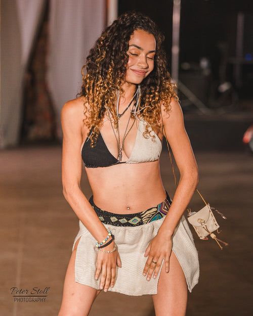 festival clothing, festival outfit, wide leg pants, comfy pants, upcycled outfit, rave wear, resort wear, sparkly pants, sparkly top, triangle top, bikini top, festival top