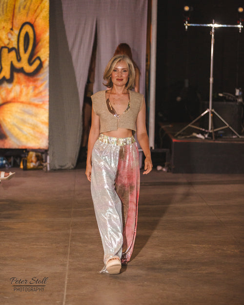 festival clothing, festival outfit, wide leg pants, comfy pants, upcycled outfit, rave wear, resort wear, sparkly pants, sparkly top, triangle top, bikini top, festival top