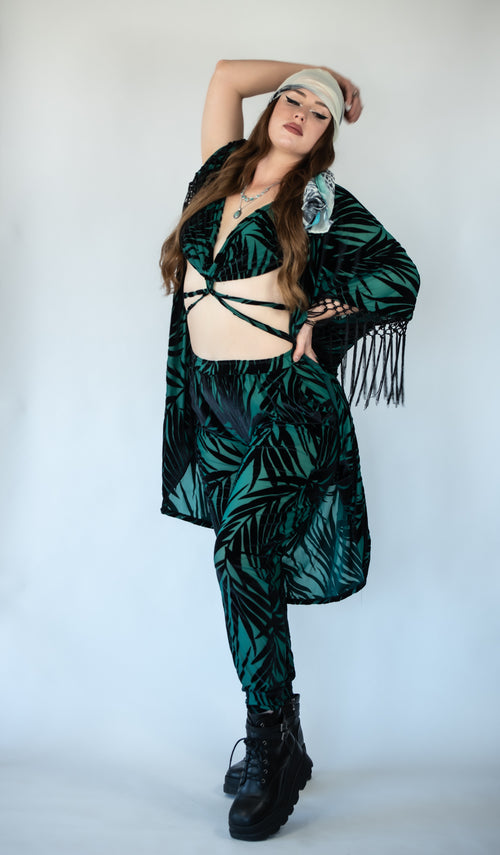 Fashion, fashion outfits, festival fashion, matching set, jogger kimono set, kimono, green kimono, emerald kimono, leaf print joggers, festival joggers, designer, designer brand, handmade, fashion, outfits, festival fashion, jacket pant set, unisex clothing, reversible jacket,  matching set, joggers, designer clothing, festival outfit, festival wear, rave wear, festival clothing, festival kimono, festival robe, resort wear, lounge wear, animal print jacket, animal print pants