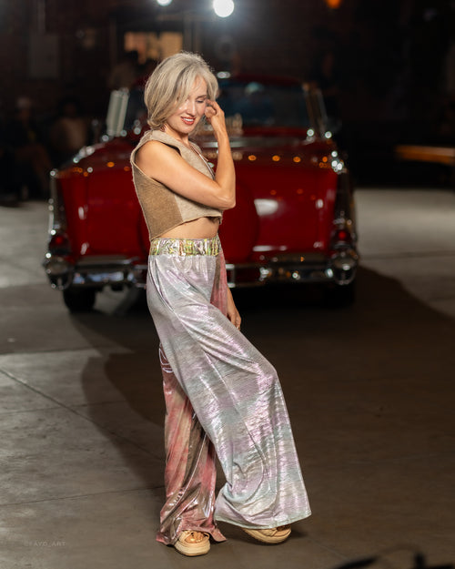 festival clothing, festival outfit, wide leg pants, comfy pants, upcycled outfit, rave wear, resort wear, sparkly pants, sparkly top, triangle top, bikini top, festival top