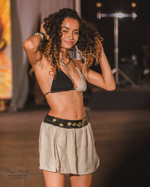 festival clothing, festival outfit, wide leg pants, comfy pants, upcycled outfit, rave wear, resort wear, sparkly pants, sparkly top, triangle top, bikini top, festival top