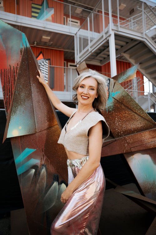 festival clothing, festival outfit, wide leg pants, comfy pants, upcycled outfit, rave wear, resort wear, sparkly pants, sparkly top, triangle top, bikini top, festival top