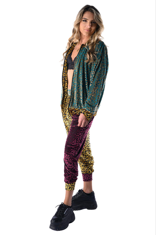 fashion, outfits, festival fashion, jacket pant set, unisex clothing, reversible jacket,  matching set, joggers, designer clothing, animal print jacket, animal print pants, cheetah pants, festival outfit, festival wear, rave wear, festival clothing