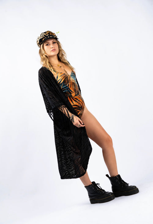 tiger print robe, tiger print kimono, burnout velvet kimono, velvet set, velvet robe, velvet pants, tiger pants, festival robe, festival kimono, festival outift