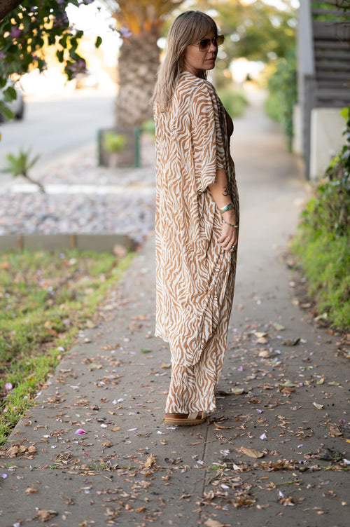 festival outfit, festival clothing, festival kimono, resort wear, animal print outfit, matching animal print set, tiger print kimono, tiger print robe, animal print robe, animal print pants, festival robe, festival wear, flowy pants, animal print kimono, tiger print pants, flowy kimono, yacht wear, cream outfit, cream, pants, nude pants, 