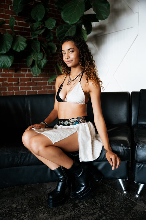 festival clothing, festival outfit, wide leg pants, comfy pants, upcycled outfit, rave wear, resort wear, sparkly pants, sparkly top, triangle top, bikini top, festival top