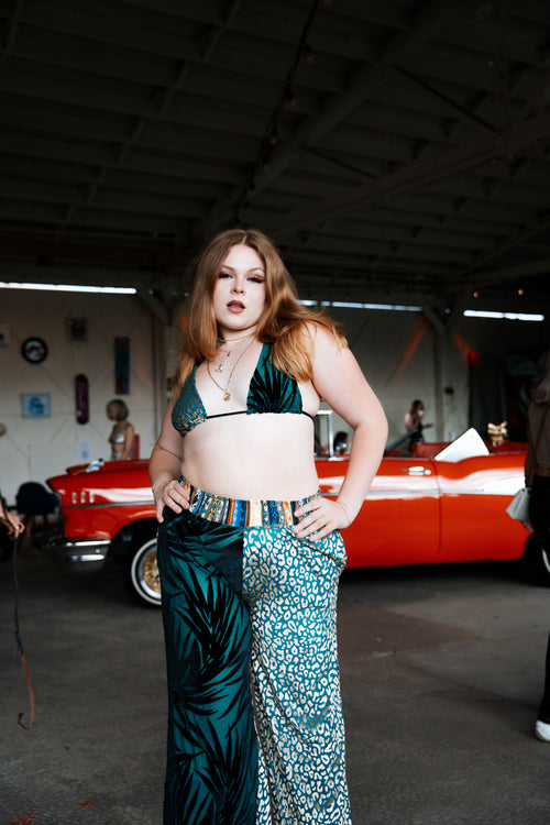 festival clothing, festival outfit, wide leg pants, comfy pants, upcycled outfit, rave wear, resort wear, sparkly pants, sparkly top, triangle top, bikini top, festival top