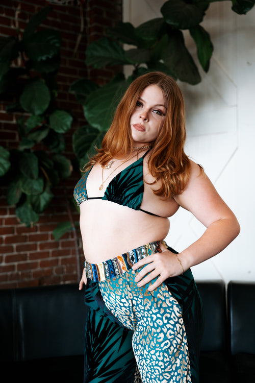 festival clothing, festival outfit, wide leg pants, comfy pants, upcycled outfit, rave wear, resort wear, sparkly pants, sparkly top, triangle top, bikini top, festival top