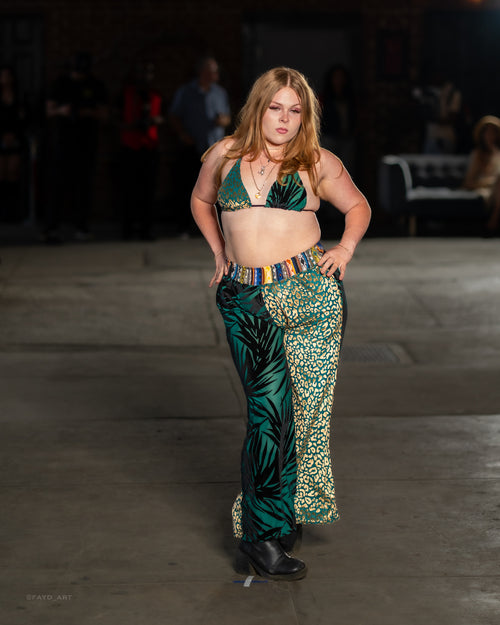 festival clothing, festival outfit, wide leg pants, comfy pants, upcycled outfit, rave wear, resort wear, sparkly pants, sparkly top, triangle top, bikini top, festival top