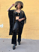 Load image into Gallery viewer, Stardust Scrunch Flares in black burn velvet leaf
